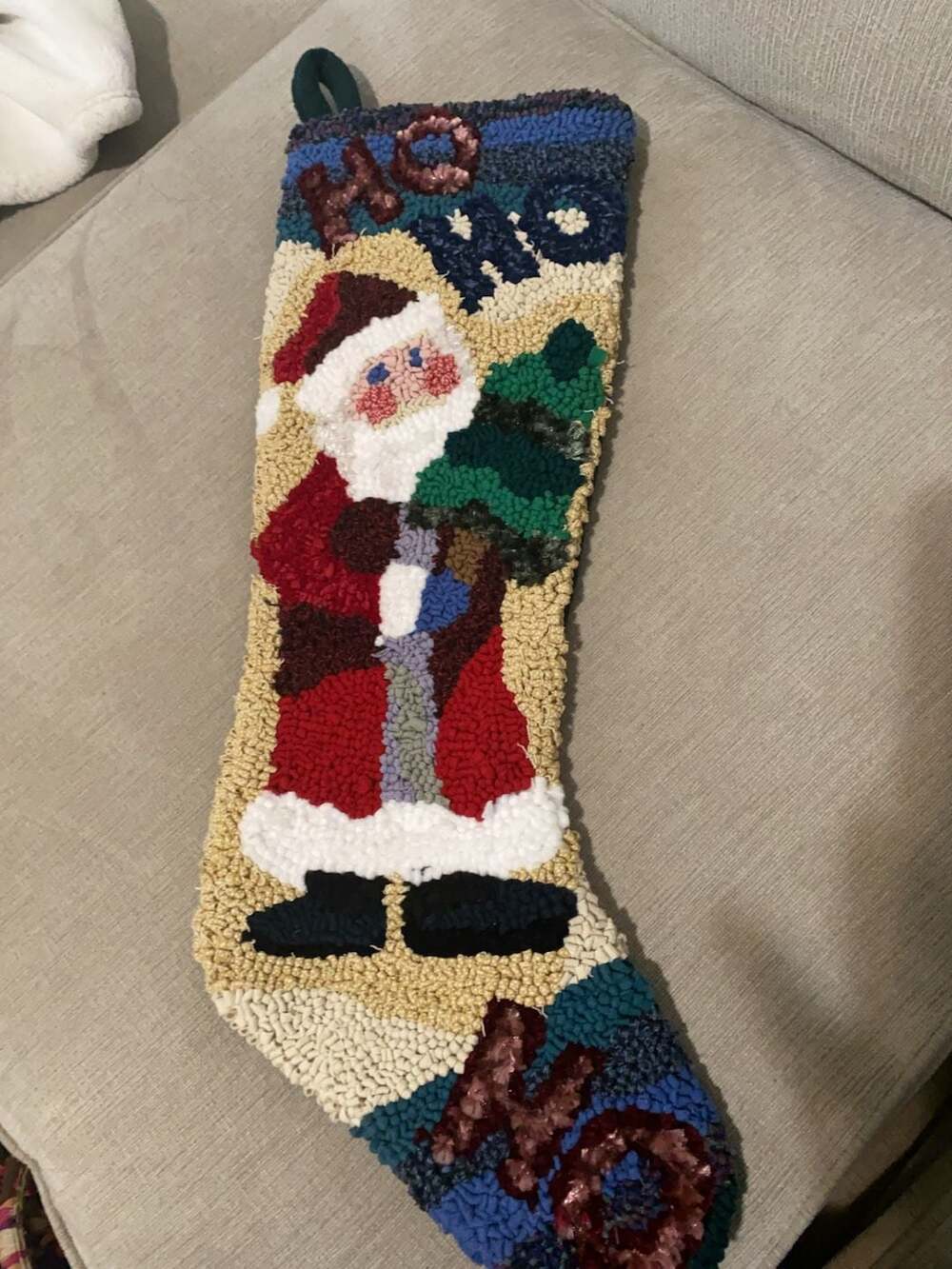 Vintage Wool Cotton Weaved Christmas Stocking Felt Back Santa Ho Ho Ho